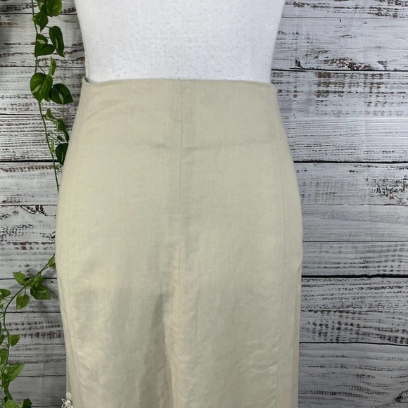 Willi Smith Skirt 8 Tan Stone Linen Knee A Line Ribbon Flowers Buttons Wedding - Picture 3 of 10